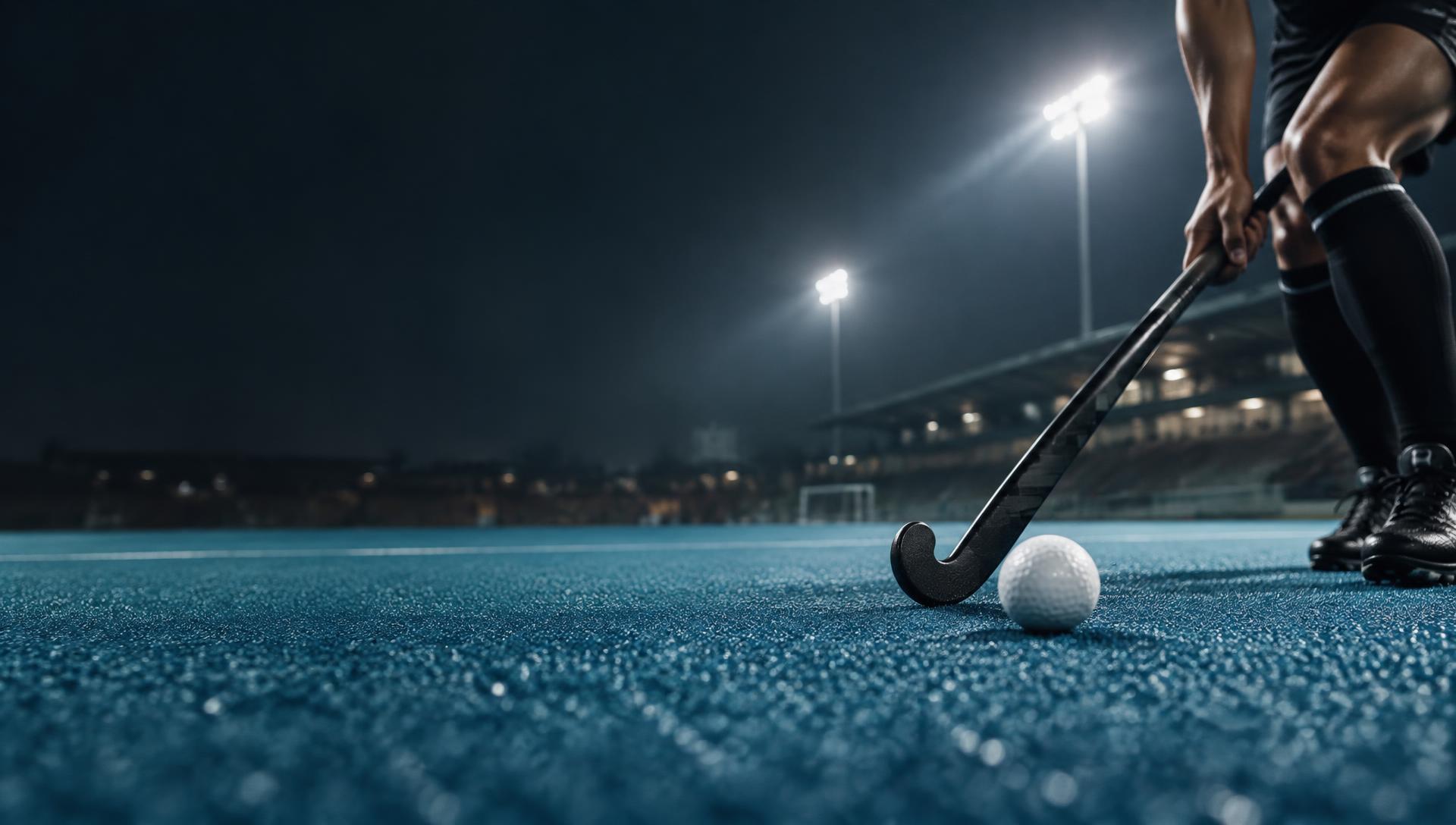 Feldhockeyball und Schläger unter Flutlicht